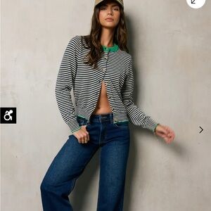 bohme navy & White Striped Cardigan with Green Trim